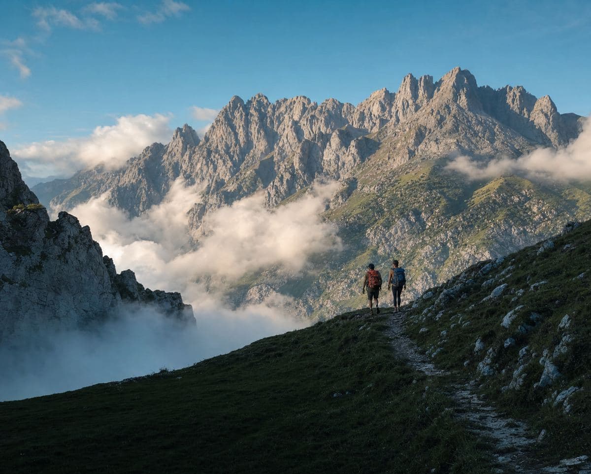 Dos excursionistas con mochila por un sendero de montaña